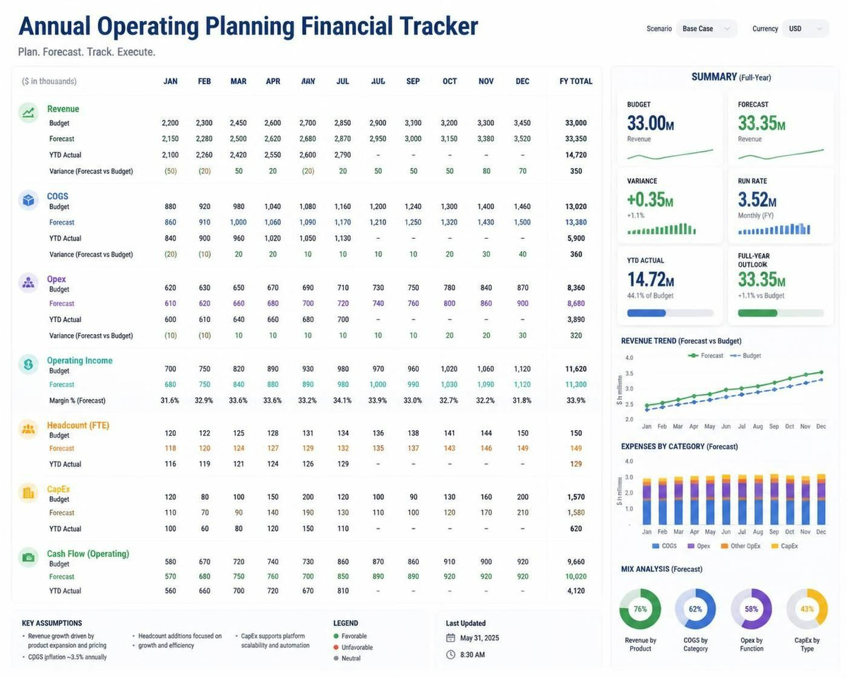 Annual Operating Planning financial tracker dashboard showing budget, forecast, and variance by category